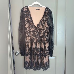 Boohoo Mesh Sleeve Lace Detail Dress